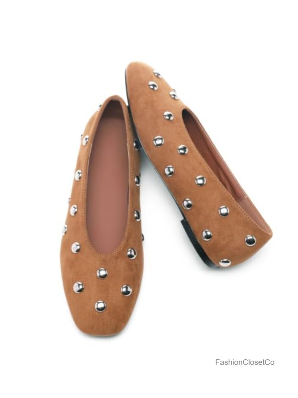 Studded Square Toe Suede Ballet Flats for Women - Slip On Casual Comfortable